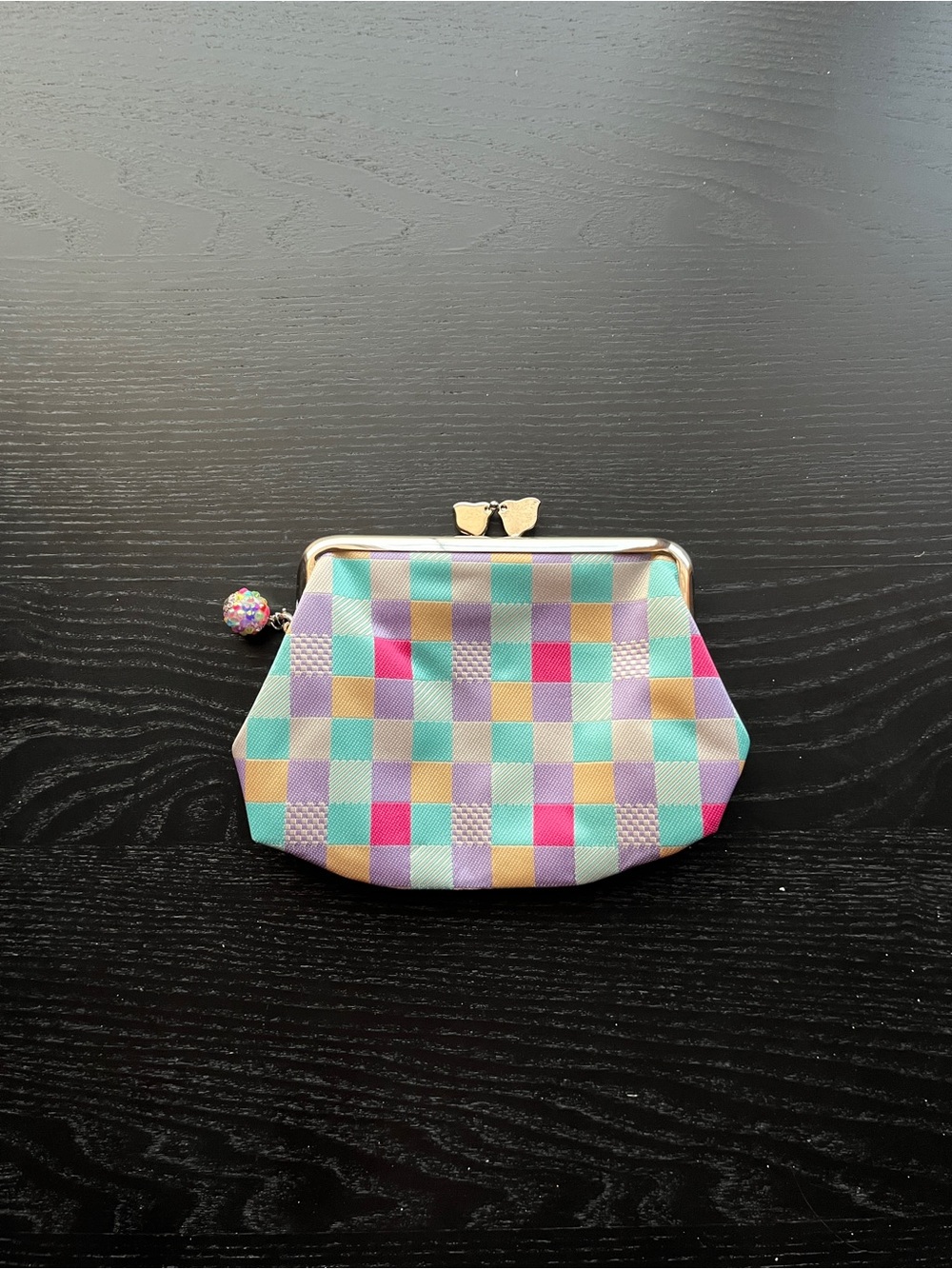Japanese Woven Gamaguchi Clasp Coin Purse Pastel Plaid Bag Charm 6"x4"